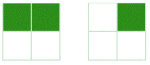 En firkant delt i fire like store deler. Til venstre er to av de fire delene grønne og til høyre er det samme kvadratet men kun en av fire delene er grønn.